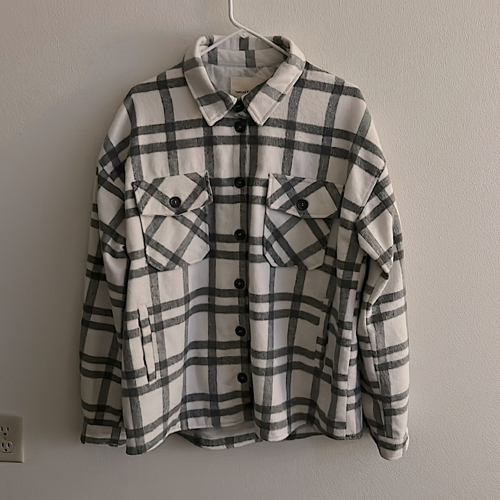 Thread & Supply Gray/White Plush Plaid Shirt Flap Pockets Soft Jacket :XL